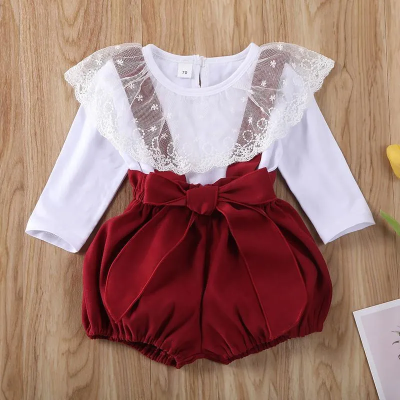 2-piece Lace Lapel Collar & Dungarees for Baby Girl Wholesale children's clothing