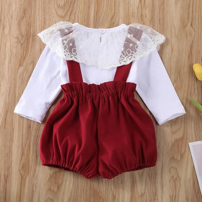 2-piece Lace Lapel Collar & Dungarees for Baby Girl Wholesale children's clothing