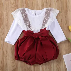 2-piece Lace Lapel Collar & Dungarees for Baby Girl Wholesale children's clothing