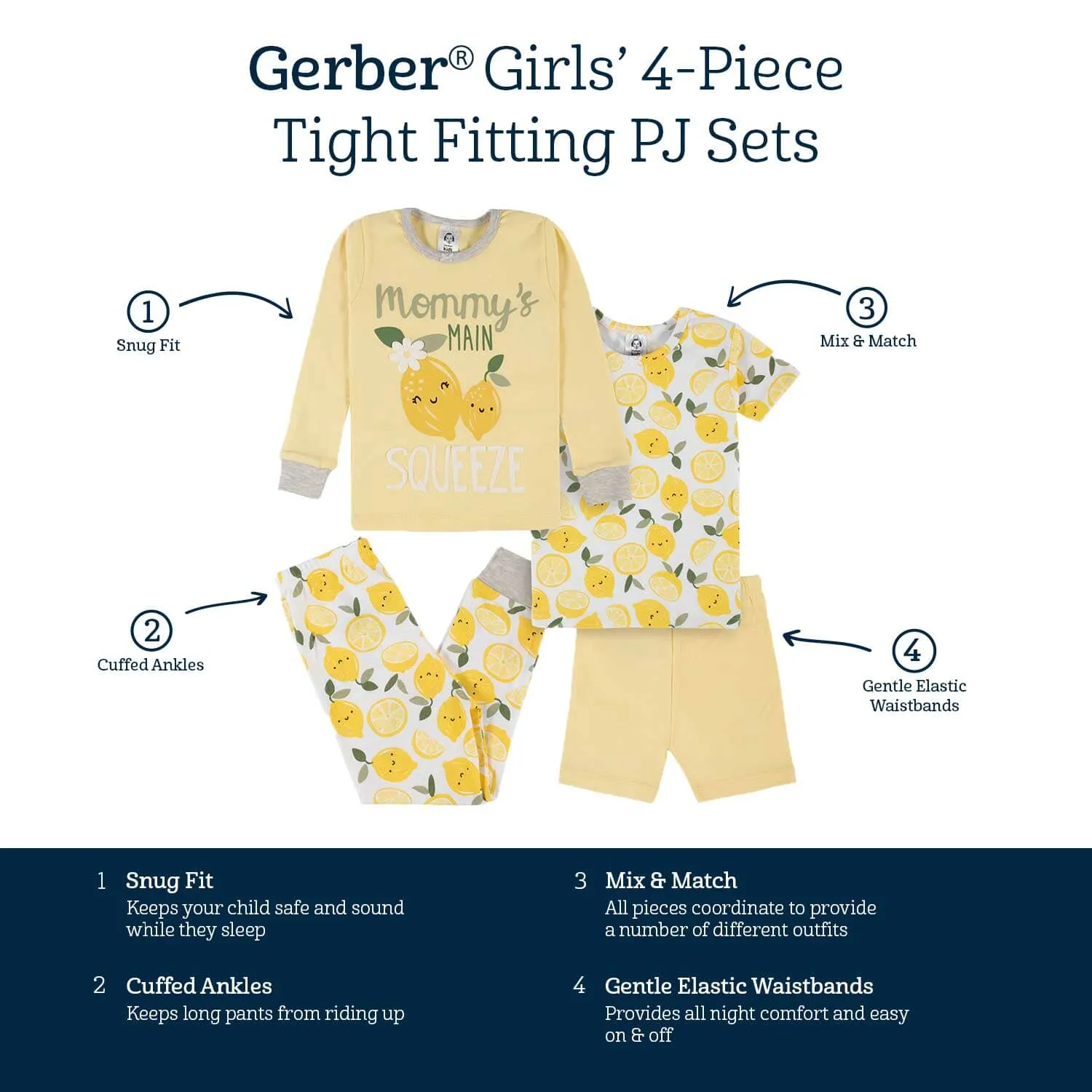 4-Piece Infant & Toddler Girls Lemon Squeeze Snug Fit Cotton Pajamas