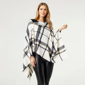 Adela Supersoft Plaid Poncho with Buttons - Cream/Black