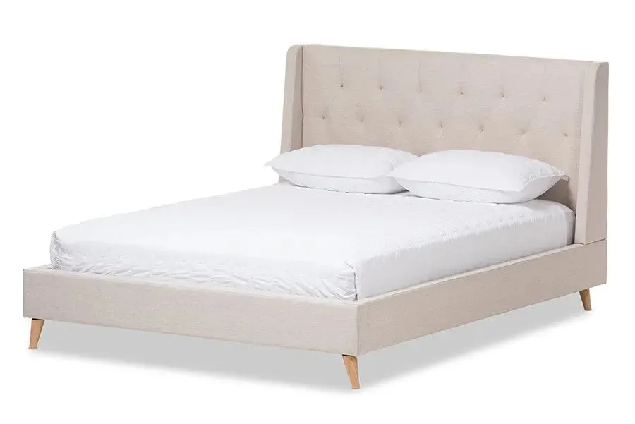 Adelaide Light Beige Fabric Platform Bed w/Button Tufted Headboard (Queen)