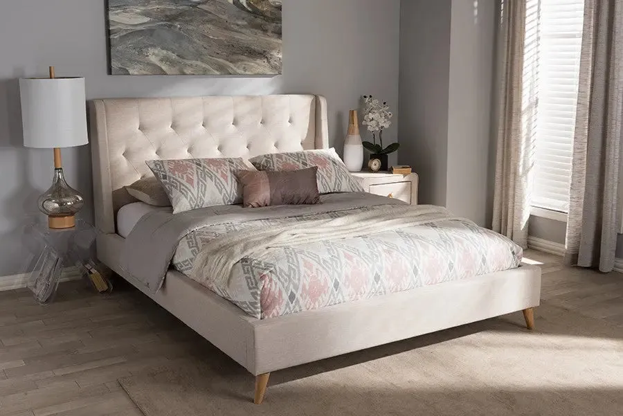 Adelaide Light Beige Fabric Platform Bed w/Button Tufted Headboard (Queen)