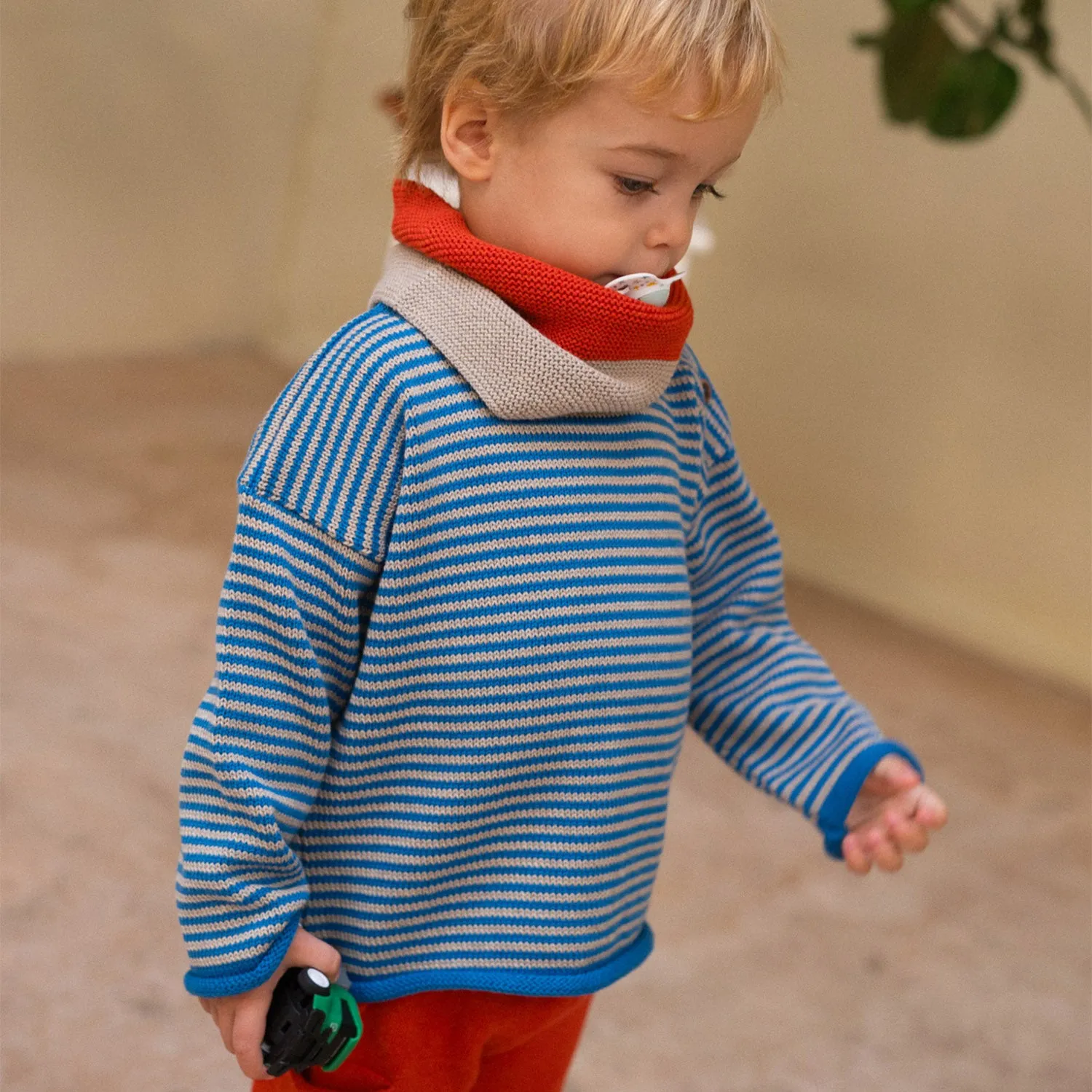 Baby & Kids Cotton Sweater - Latte/Galaxy Blue Stripe