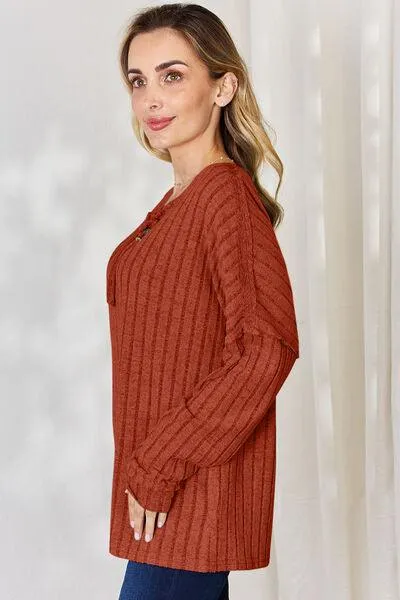 Basic Bae Full Size Ribbed Half Button Long Sleeve Shirt