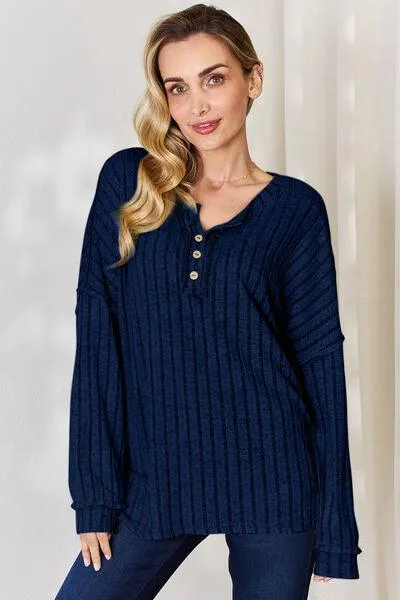 Basic Bae Full Size Ribbed Half Button Long Sleeve Shirt