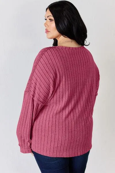 Basic Bae Full Size Ribbed Half Button Long Sleeve Shirt