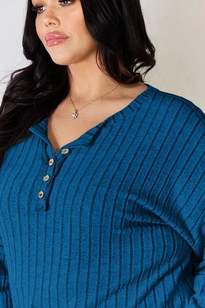 Basic Bae Full Size Ribbed Half Button Long Sleeve Shirt