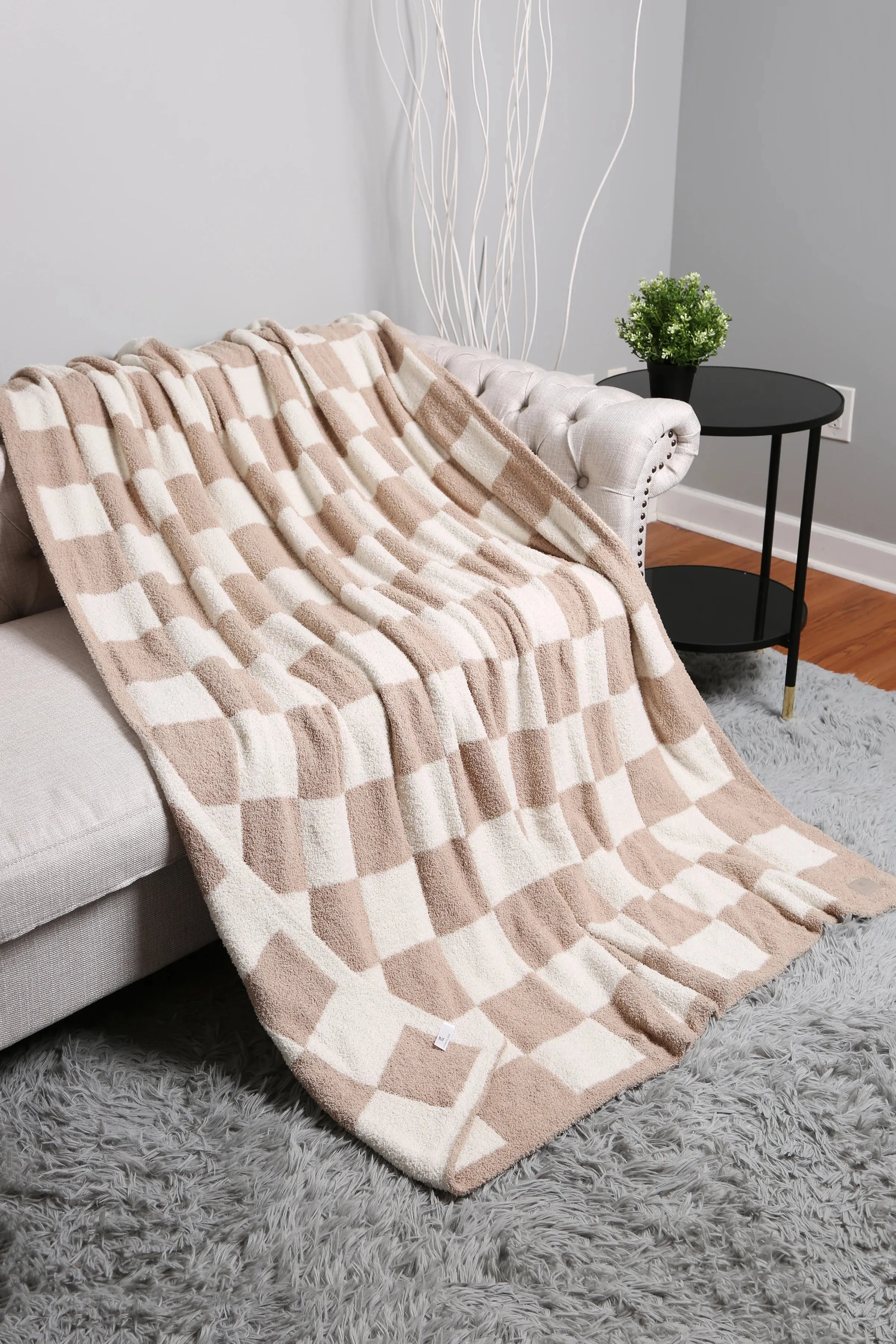 Beige Checkered Luxury Soft Throw Blanket