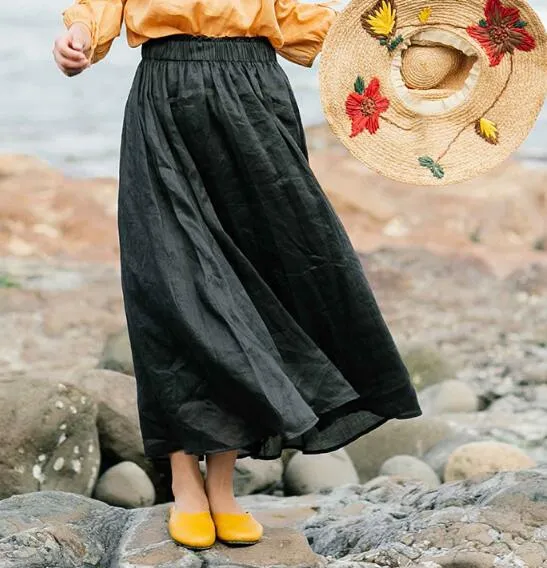 Black Women's Skirts Summer Linen Skirt Elastic Waist