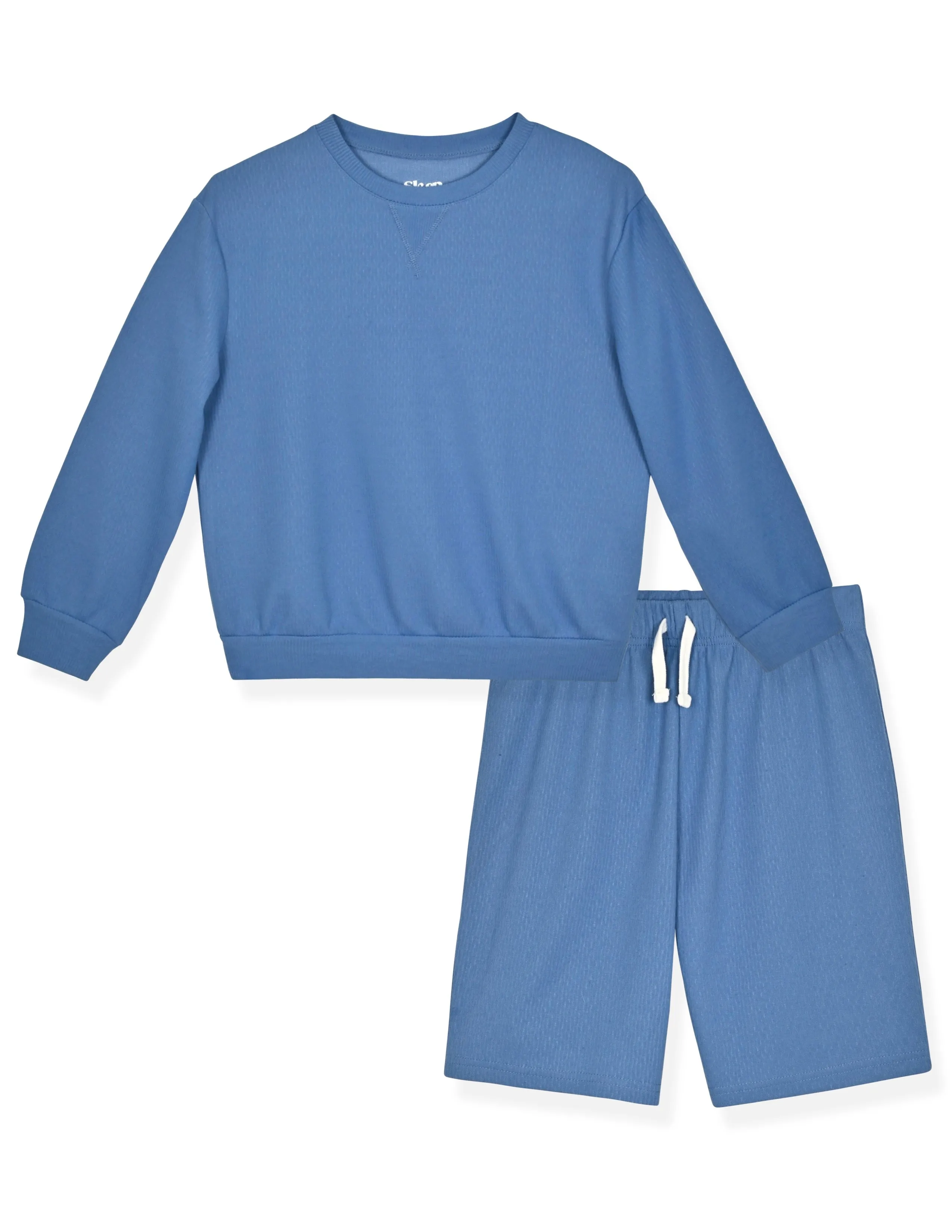 Boys 2-Piece Long-Sleeve Soft Textured Knit Pajama Shorts Set.