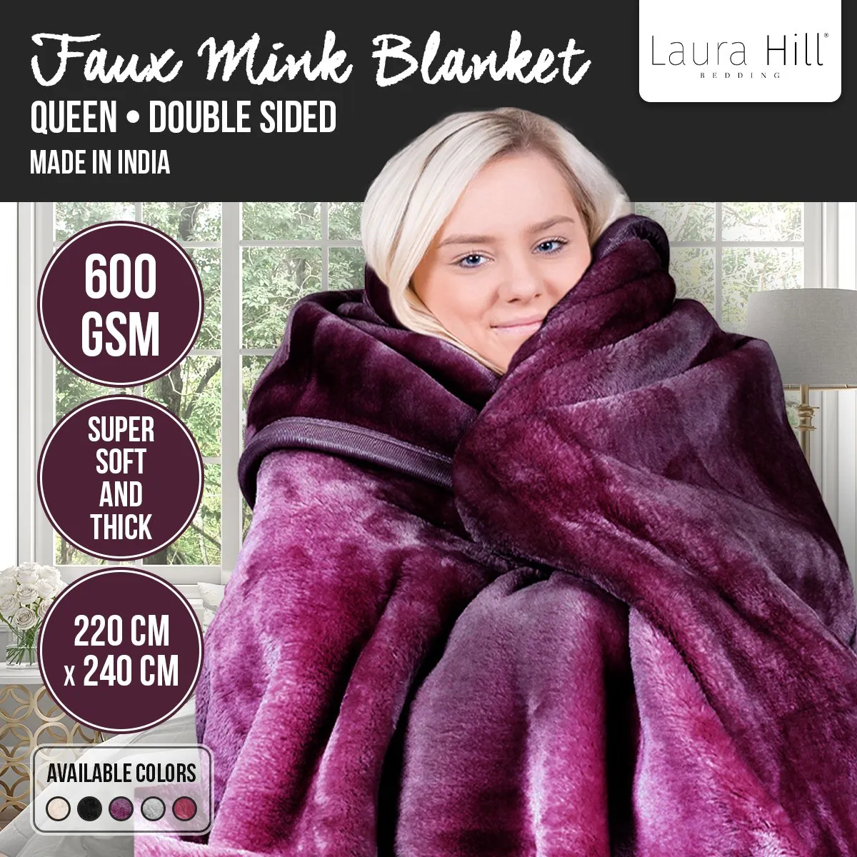 Double-Sided Faux Mink Purple Queen Blanket 600GSM Laura Hill