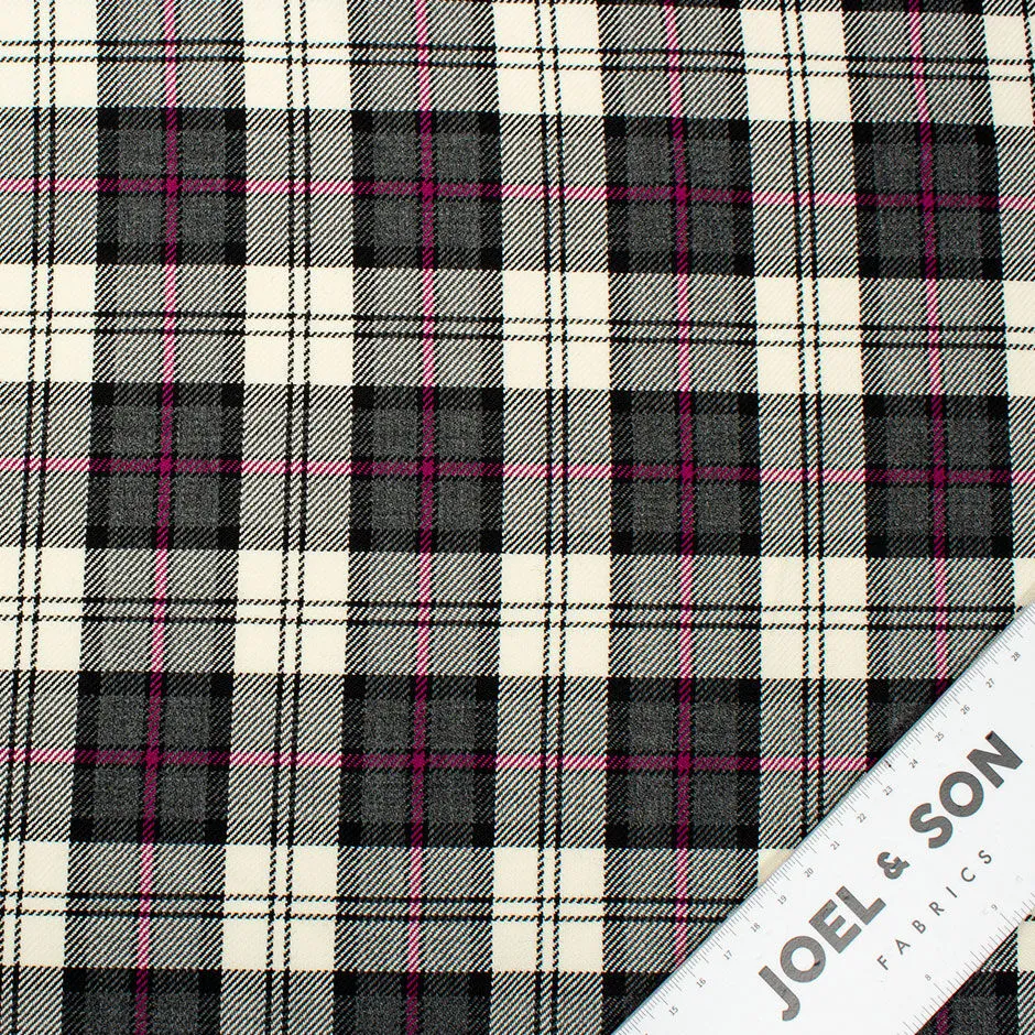 Fuchsia Pink, Ivory & Grey Pure Wool Tartan