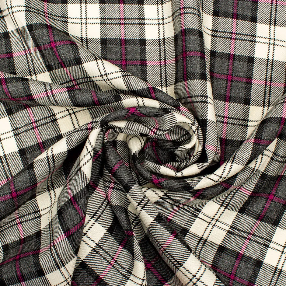 Fuchsia Pink, Ivory & Grey Pure Wool Tartan