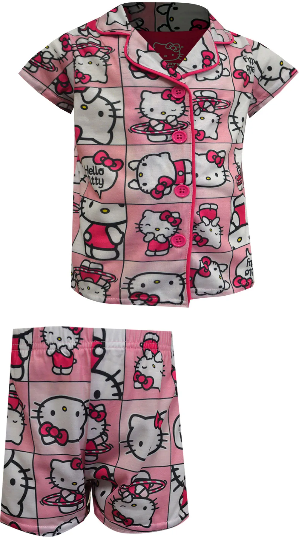 Hello Kitty Pink Blocks Notch Collar Girls Shortie Pajamas