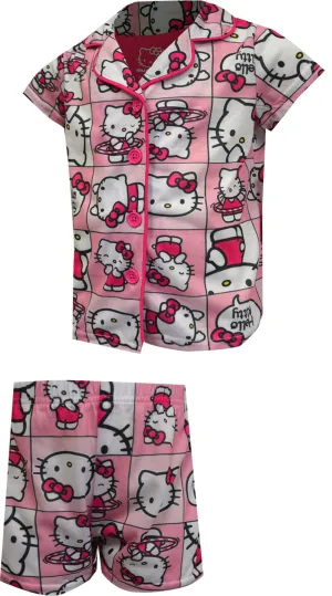 Hello Kitty Pink Blocks Notch Collar Girls Shortie Pajamas