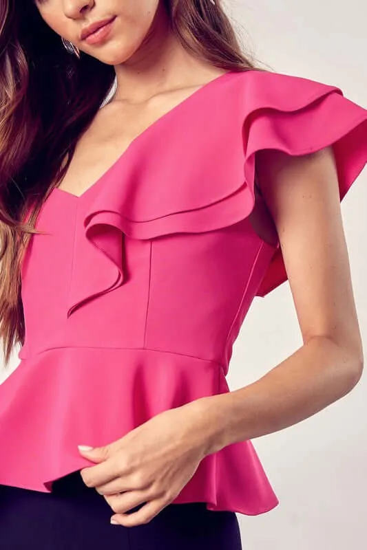 Hot Pink One Shoulder Ruffle Peplum Top