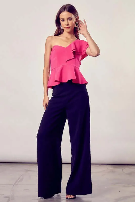 Hot Pink One Shoulder Ruffle Peplum Top