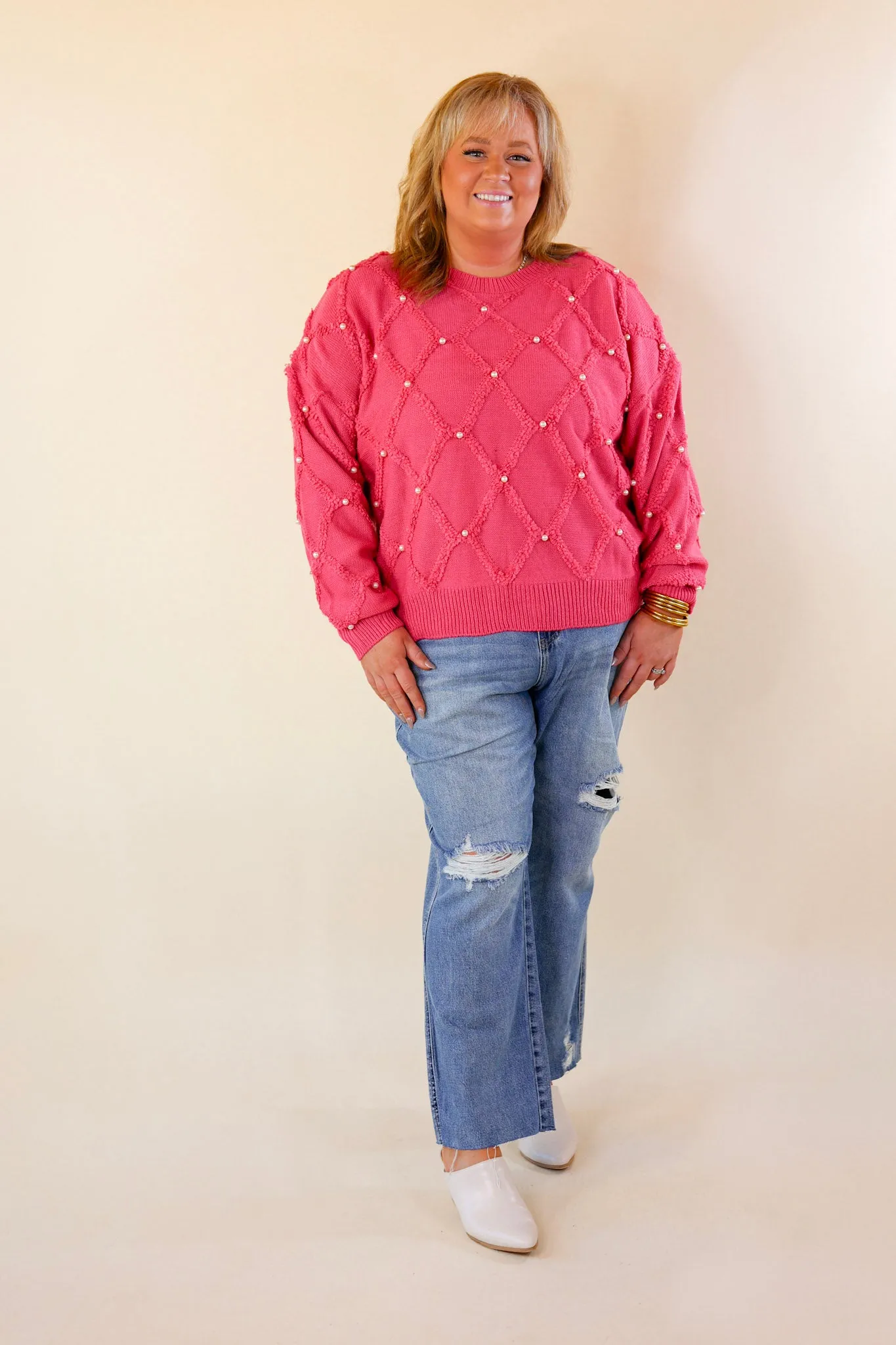 It's The Hour Of Pearl Embroidered Knit Sweater in Hot Pink