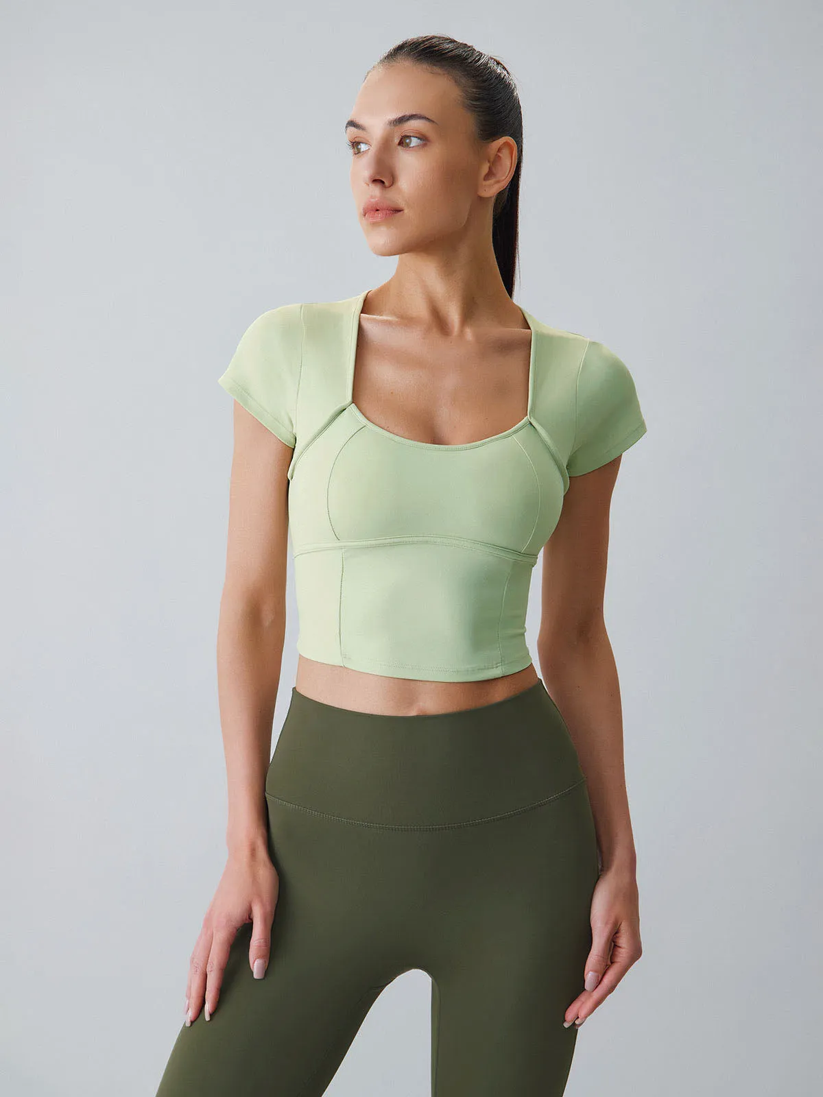 Light Green Twist Cut Out Short Sleeve Top - Light Support