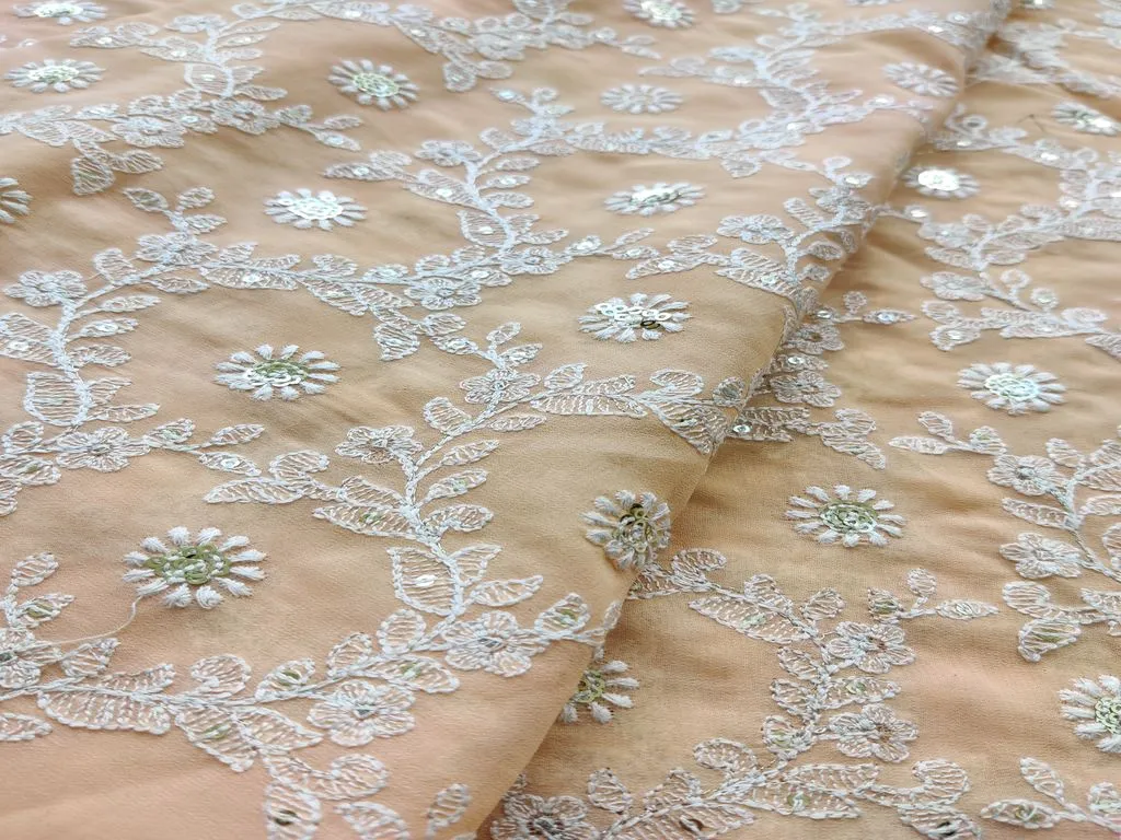 Light Peach & White Traditional Chikankari Embroidered Georgette Fabric (Wholesale)