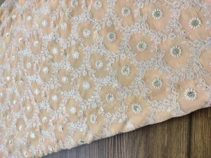 Light Peach & White Traditional Chikankari Embroidered Georgette Fabric (Wholesale)