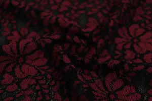 Maroon & Black Floral Lace Polyester Fabric