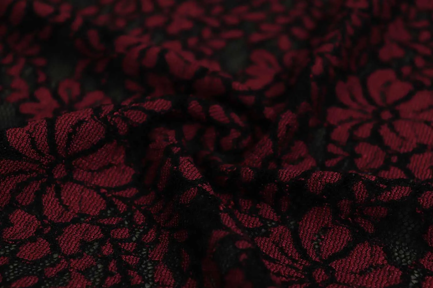 Maroon & Black Floral Lace Polyester Fabric