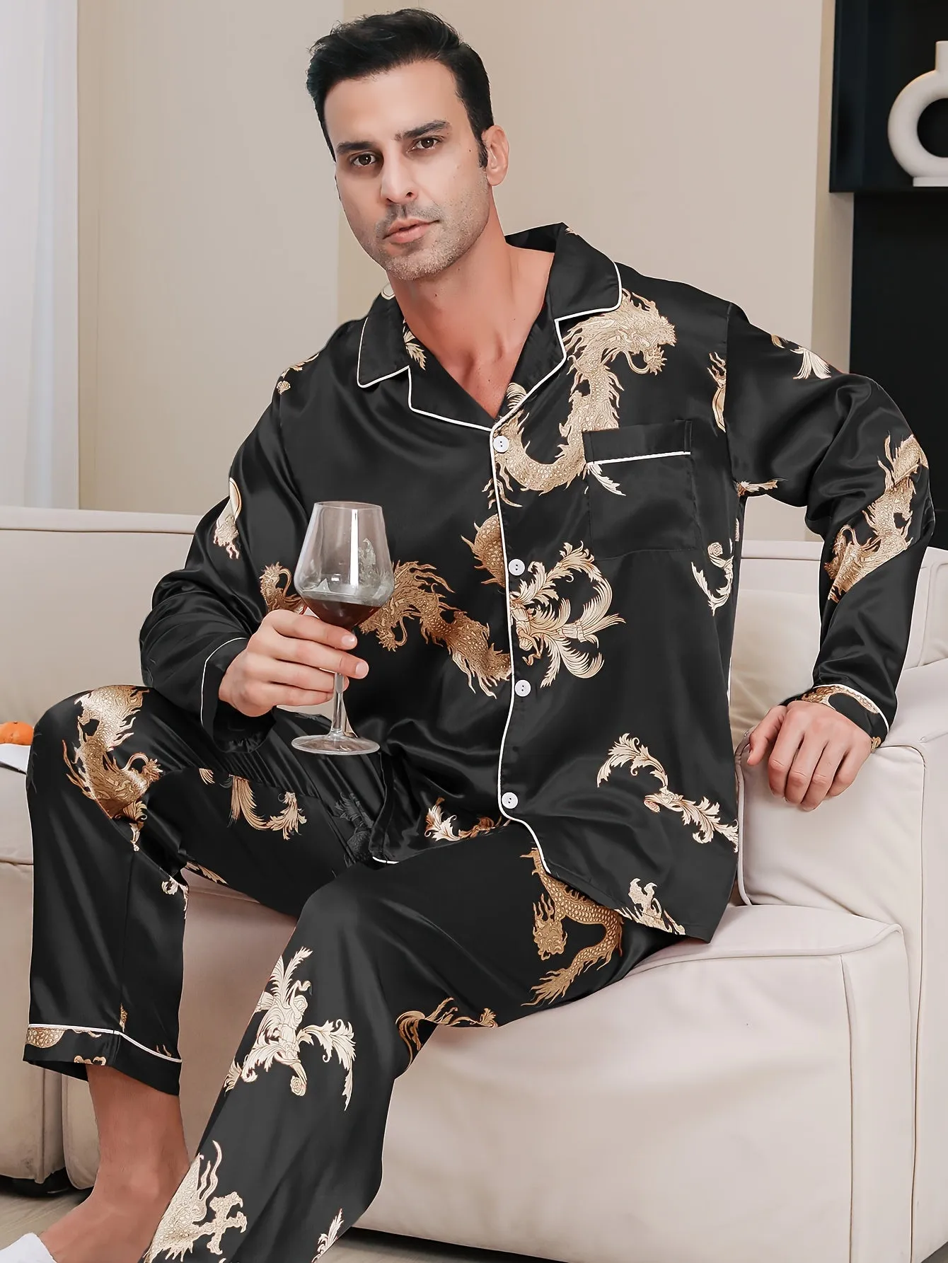 Mens Dragon Print Luxury Pajama Set - Long Sleeve Lapel Shirt & Elastic Pants - Soft Lounge Wear for Spring Autumn - A Stylish Indoor Retreat, Ideal New Year Gift