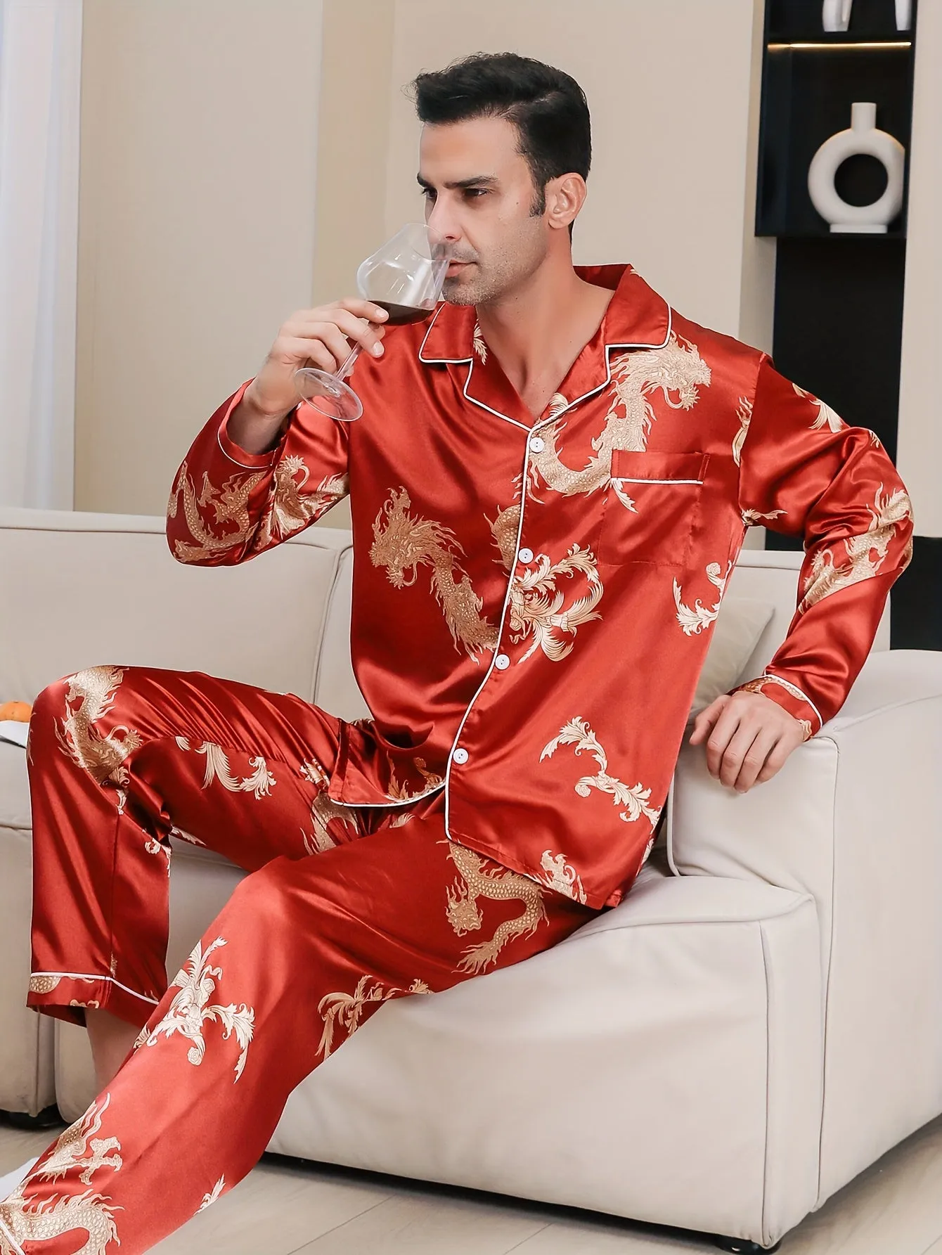 Mens Dragon Print Luxury Pajama Set - Long Sleeve Lapel Shirt & Elastic Pants - Soft Lounge Wear for Spring Autumn - A Stylish Indoor Retreat, Ideal New Year Gift