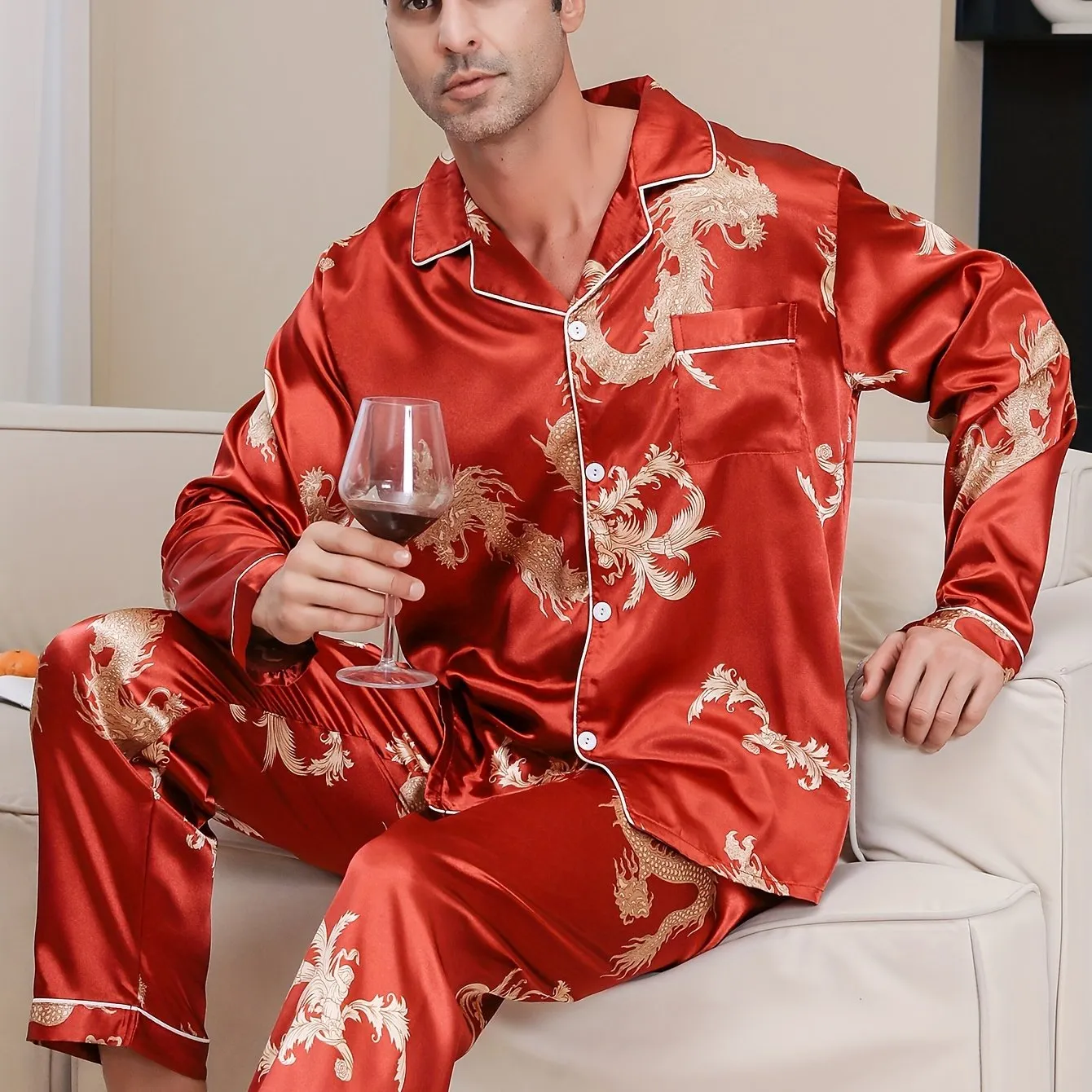 Mens Dragon Print Luxury Pajama Set - Long Sleeve Lapel Shirt & Elastic Pants - Soft Lounge Wear for Spring Autumn - A Stylish Indoor Retreat, Ideal New Year Gift