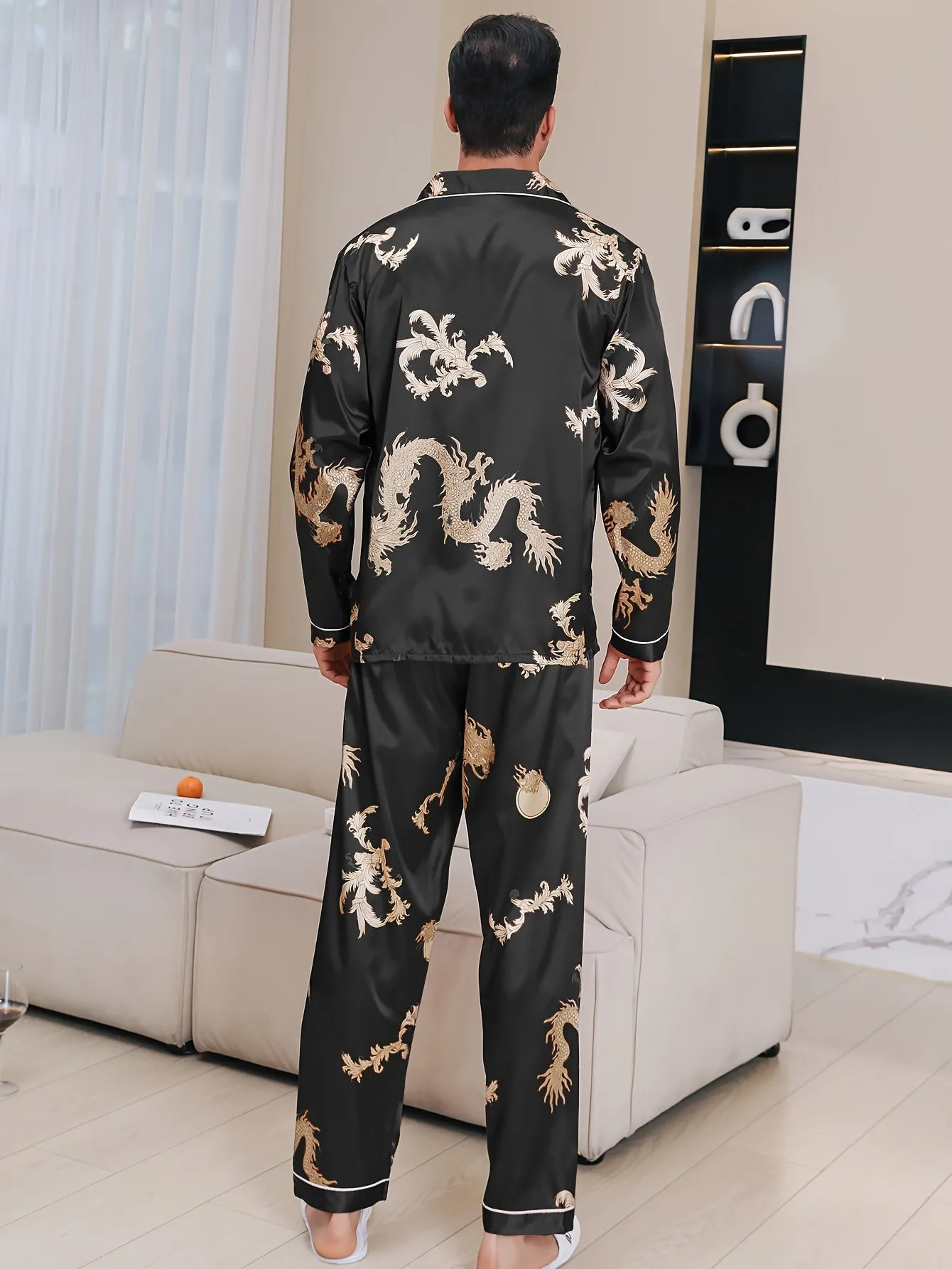 Mens Dragon Print Luxury Pajama Set - Long Sleeve Lapel Shirt & Elastic Pants - Soft Lounge Wear for Spring Autumn - A Stylish Indoor Retreat, Ideal New Year Gift