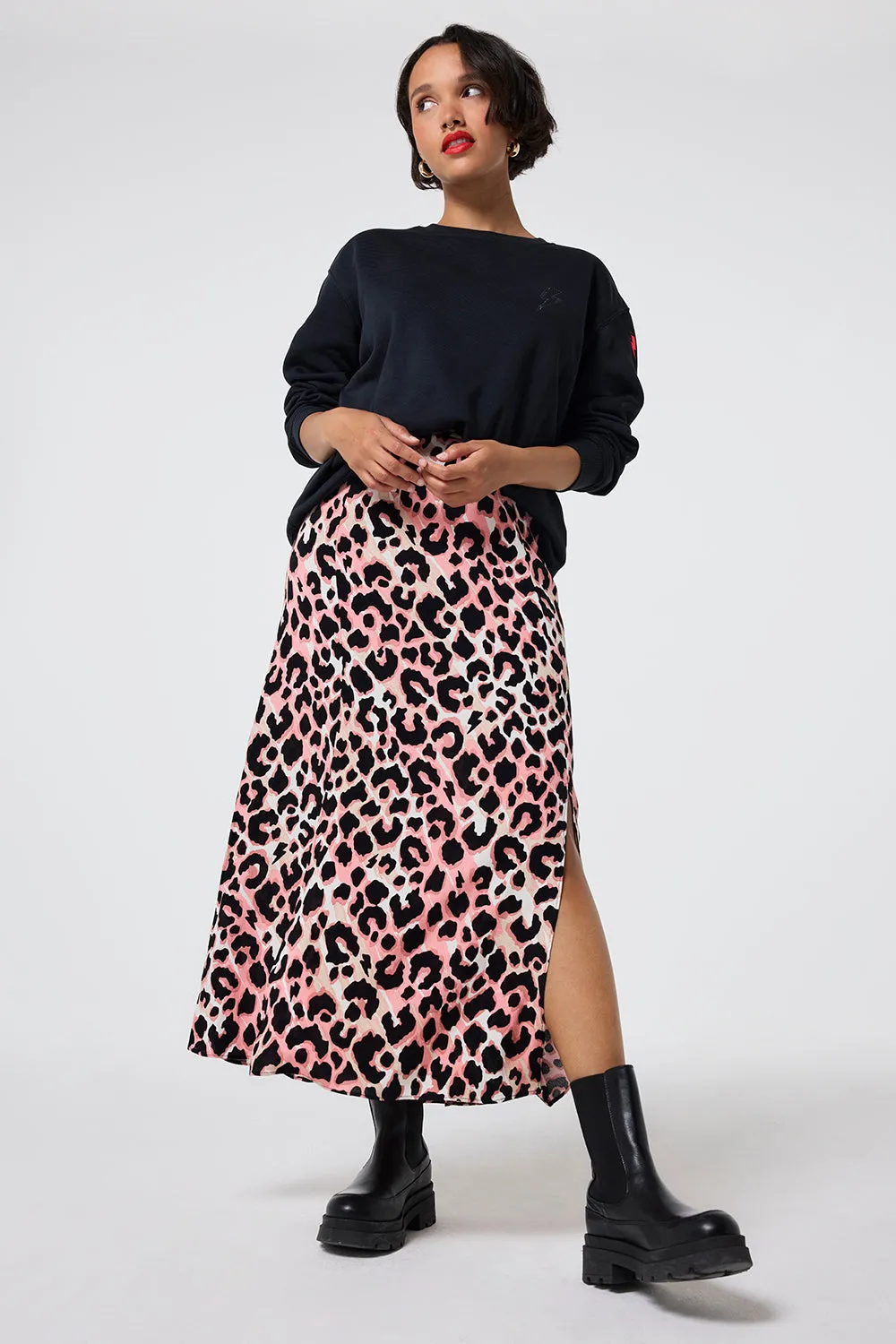 Mixed Neutral with Black Shadow Leopard Split Front Skirt