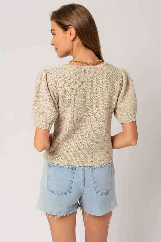 Oatmeal Beige Puff Sleeve Round Neck Texture Sweater Top