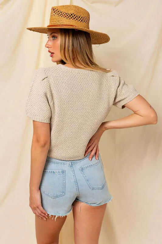 Oatmeal Beige Puff Sleeve Round Neck Texture Sweater Top