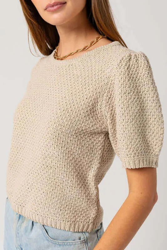 Oatmeal Beige Puff Sleeve Round Neck Texture Sweater Top