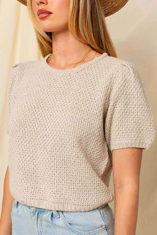 Oatmeal Beige Puff Sleeve Round Neck Texture Sweater Top