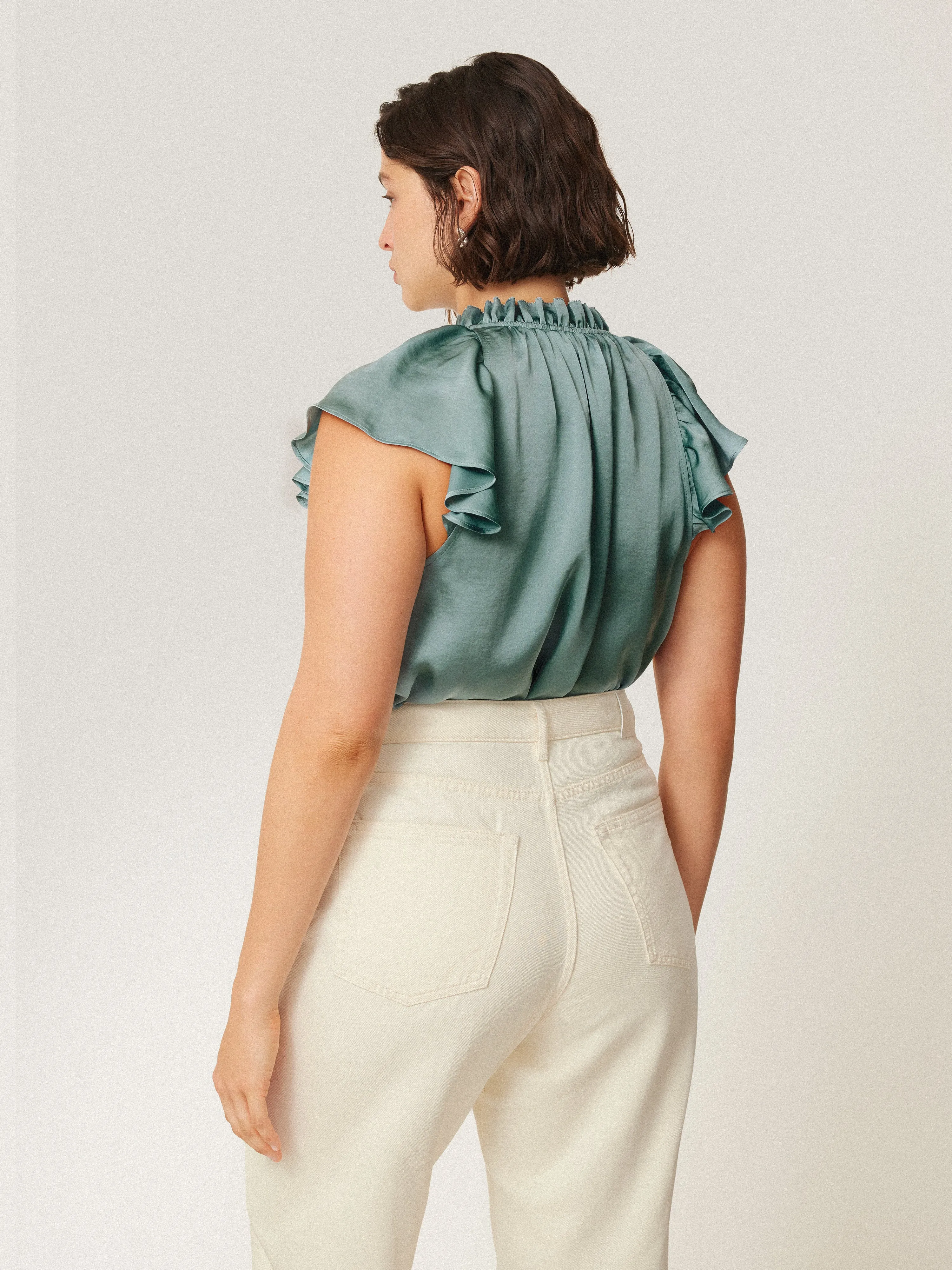 Recycled Satin Frill Neck Top | Green