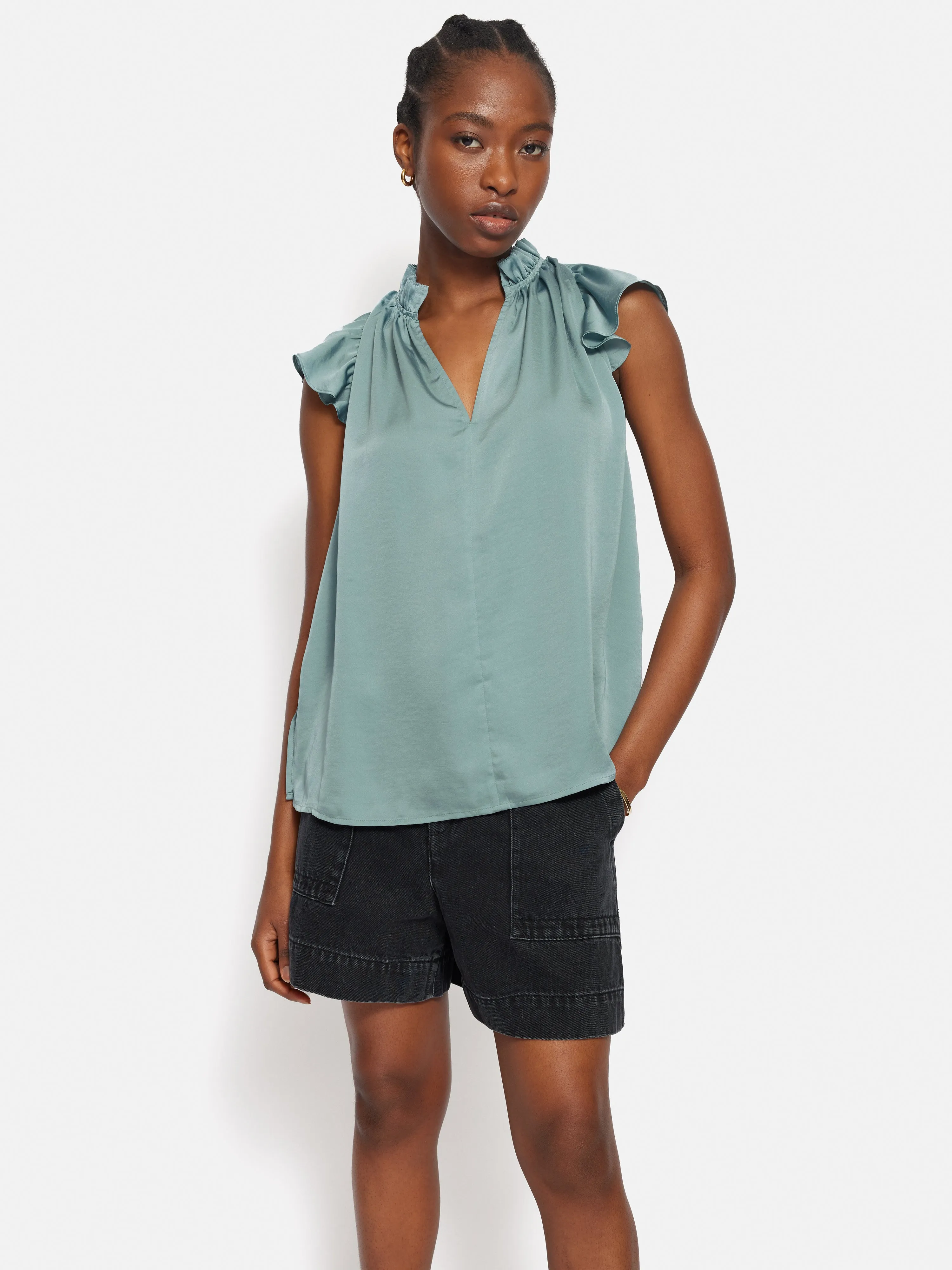 Recycled Satin Frill Neck Top | Green