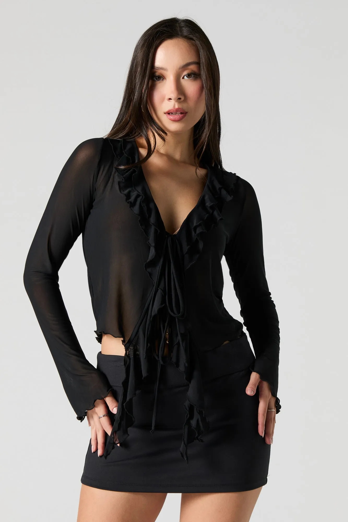 Ruffled Tie Front Flyaway Top