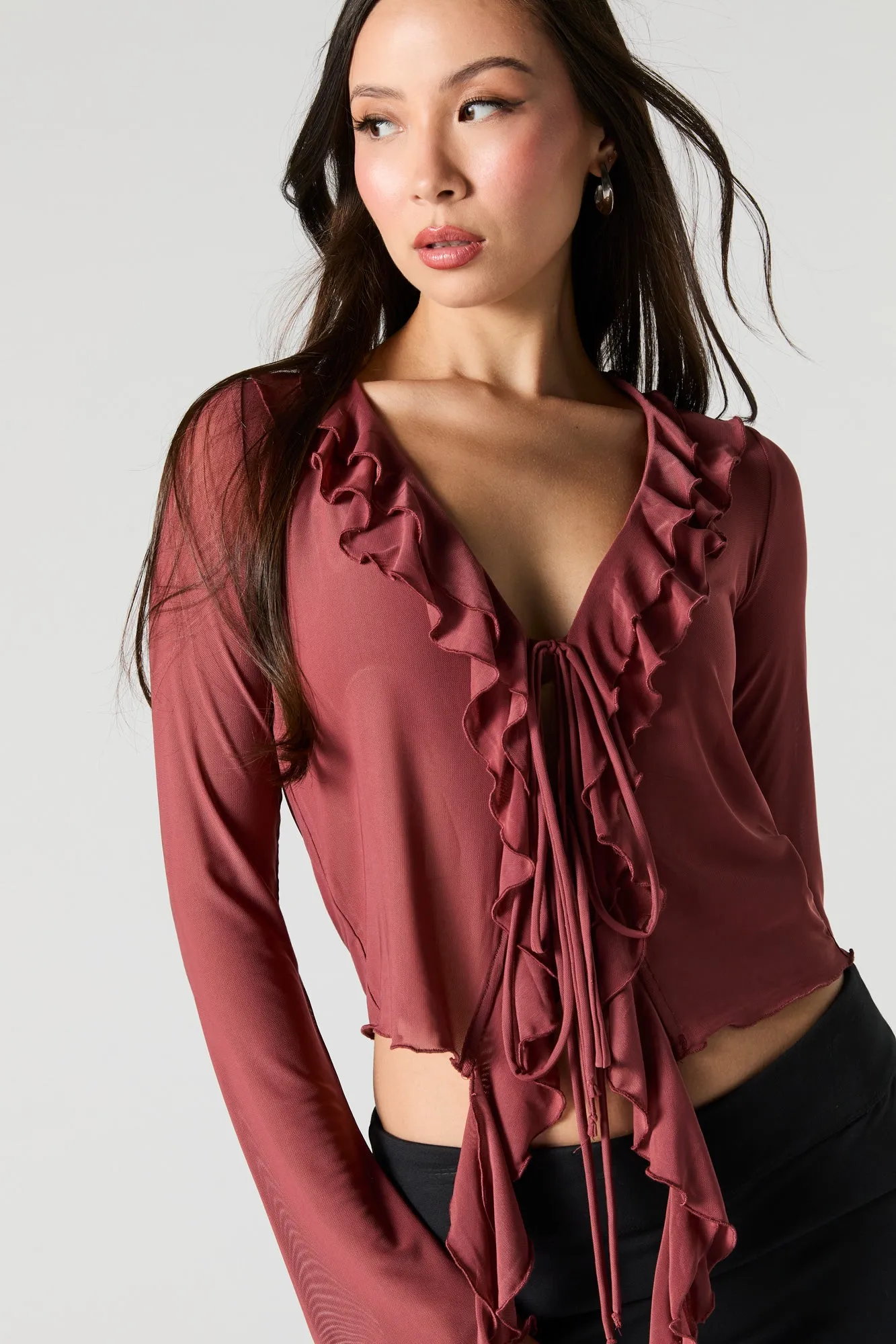 Ruffled Tie Front Flyaway Top