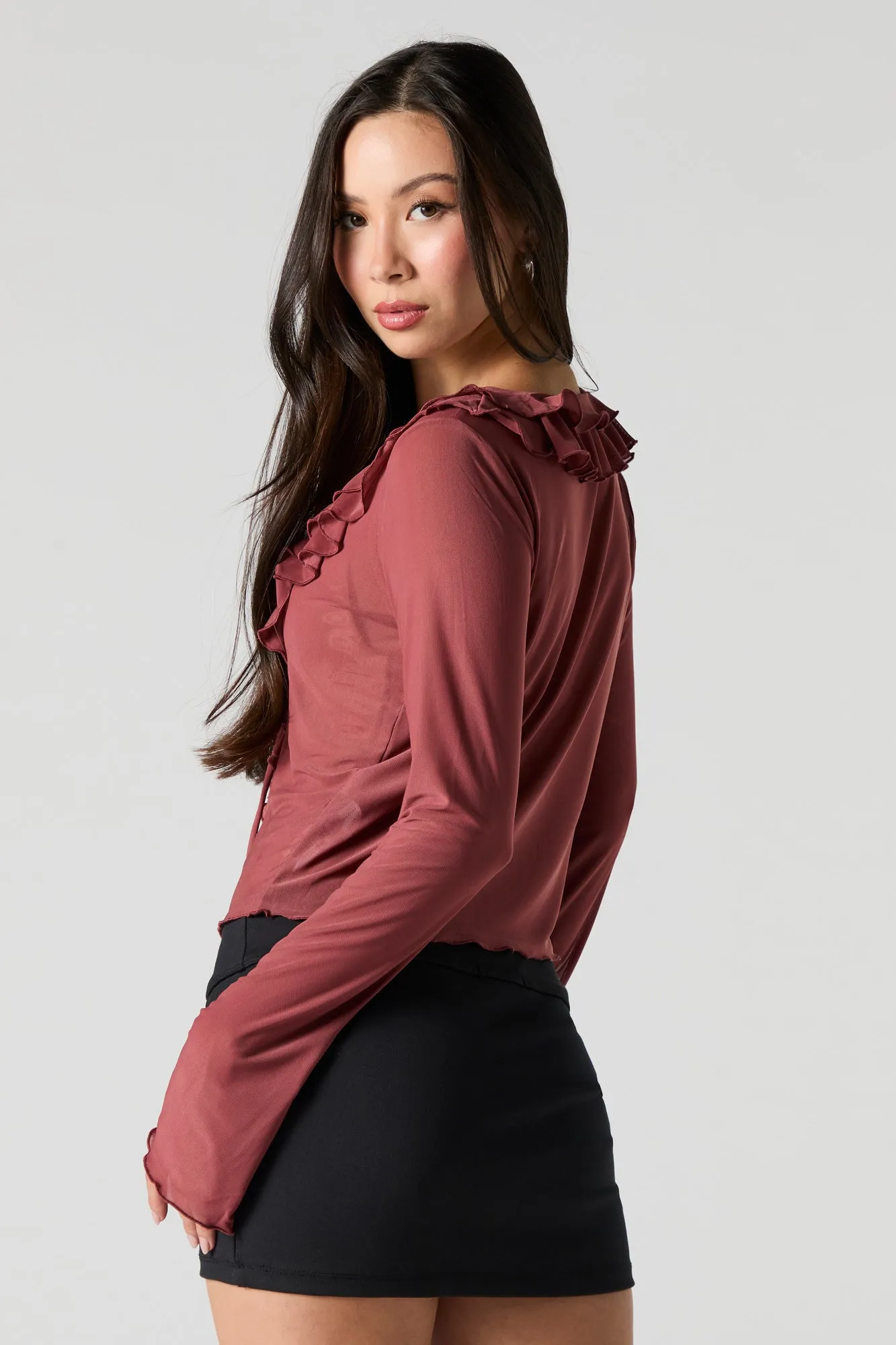 Ruffled Tie Front Flyaway Top