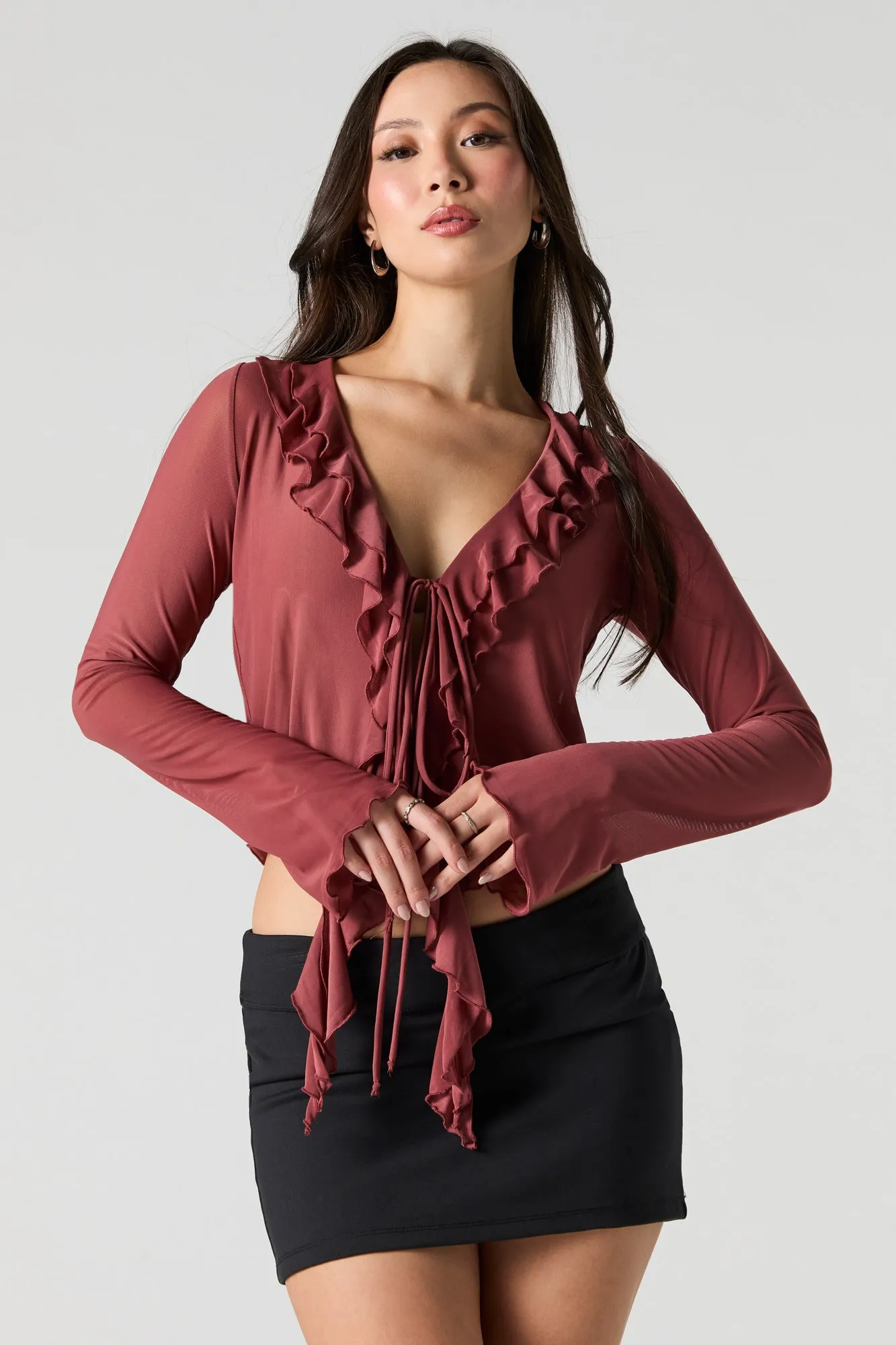 Ruffled Tie Front Flyaway Top