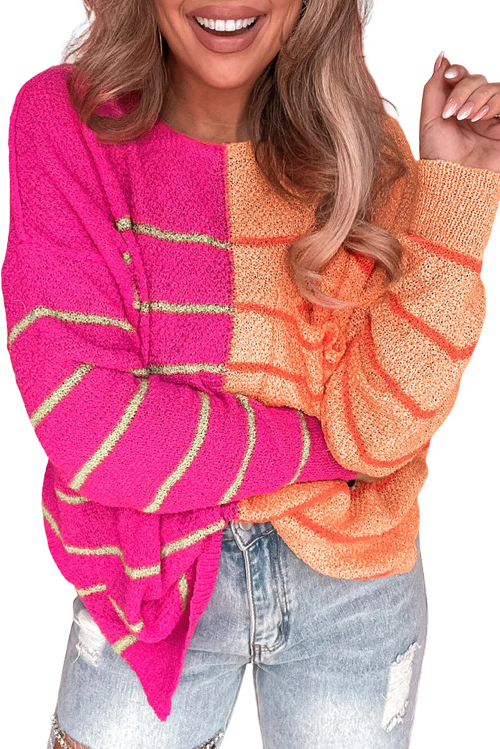 Stripe Colorblock Loose Knit Sweater