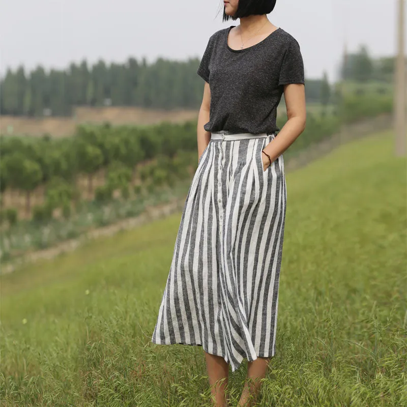 Stripe Women's Skirts Summer Linen Skirt Elastic Waist SSM09755