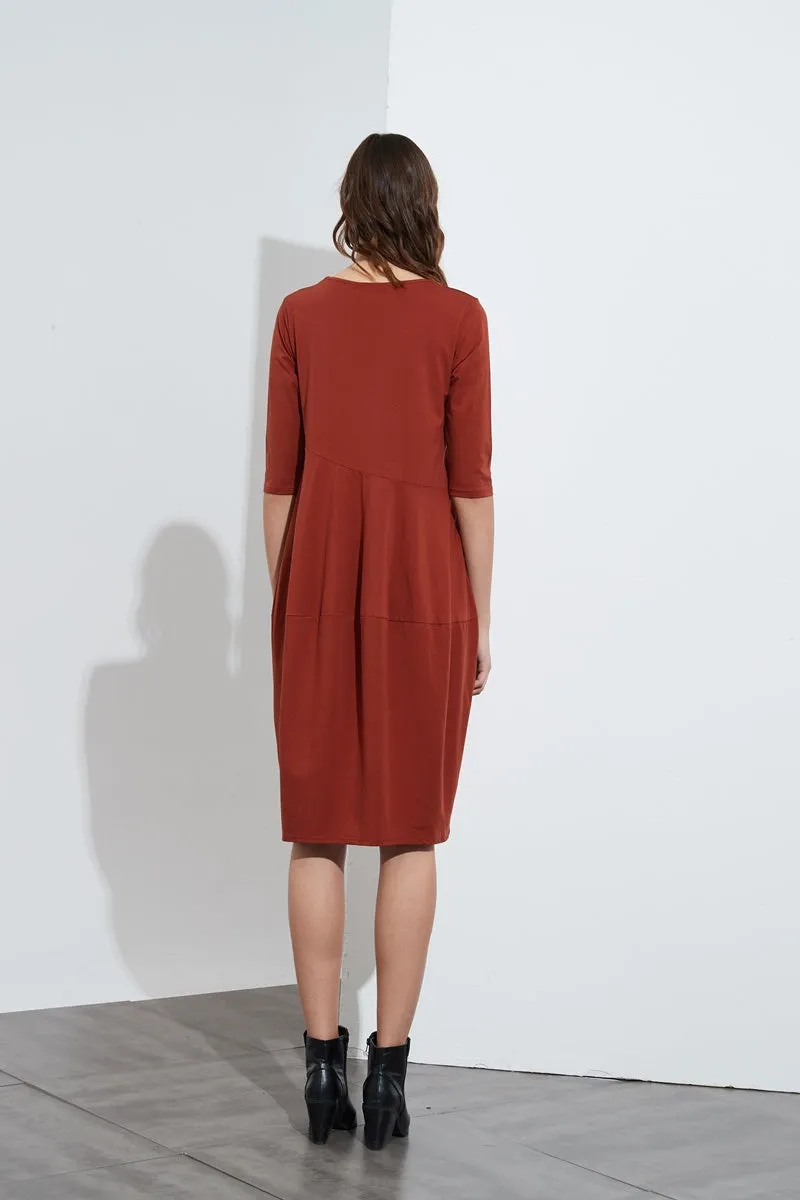 Tirelli - 3/4 Sleeve Diagonal Seam Dress - Rust