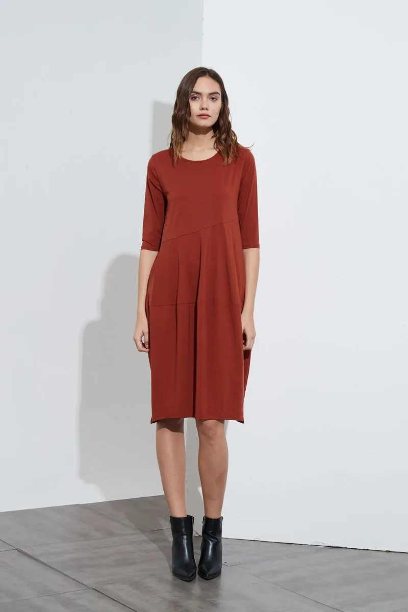 Tirelli - 3/4 Sleeve Diagonal Seam Dress - Rust