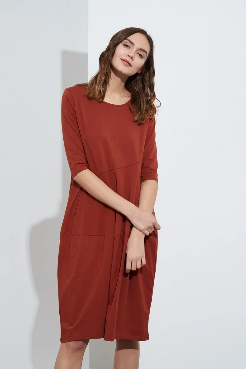 Tirelli - 3/4 Sleeve Diagonal Seam Dress - Rust