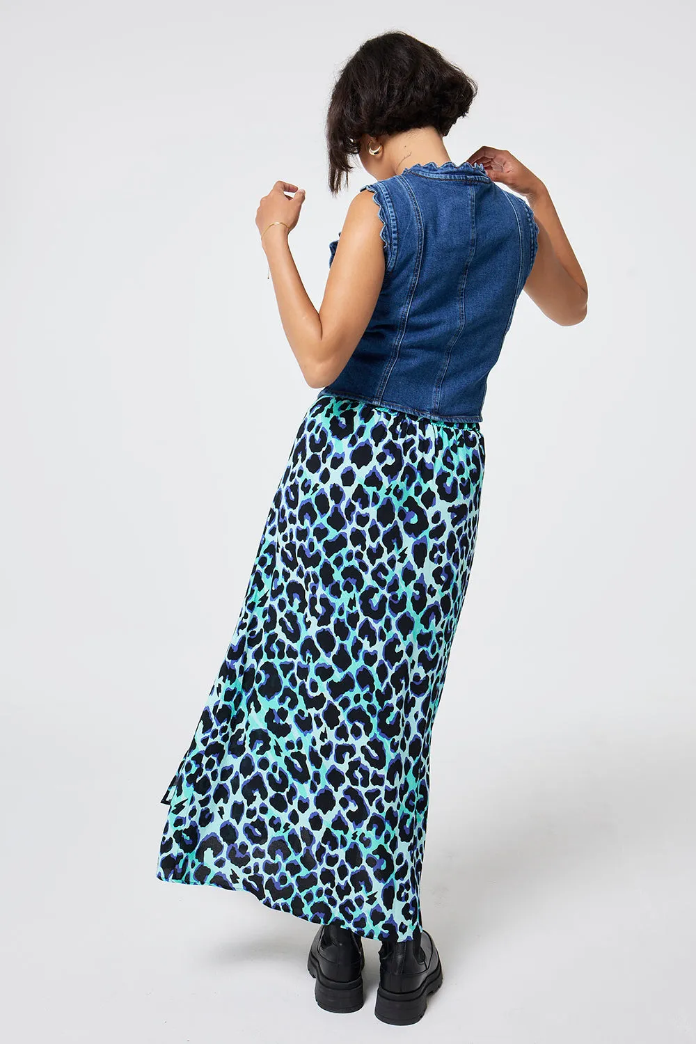 Turquoise with Black and Blue Shadow Leopard Split Front Skirt