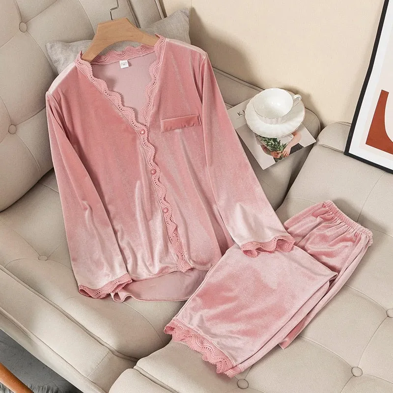 VenusFox Velvet Pajamas Women Autumn Winter Sleepwear Long Sleeve Casual Nightwear Pajamas Suit Loose Home Clothes Lace Trim Sleep Set